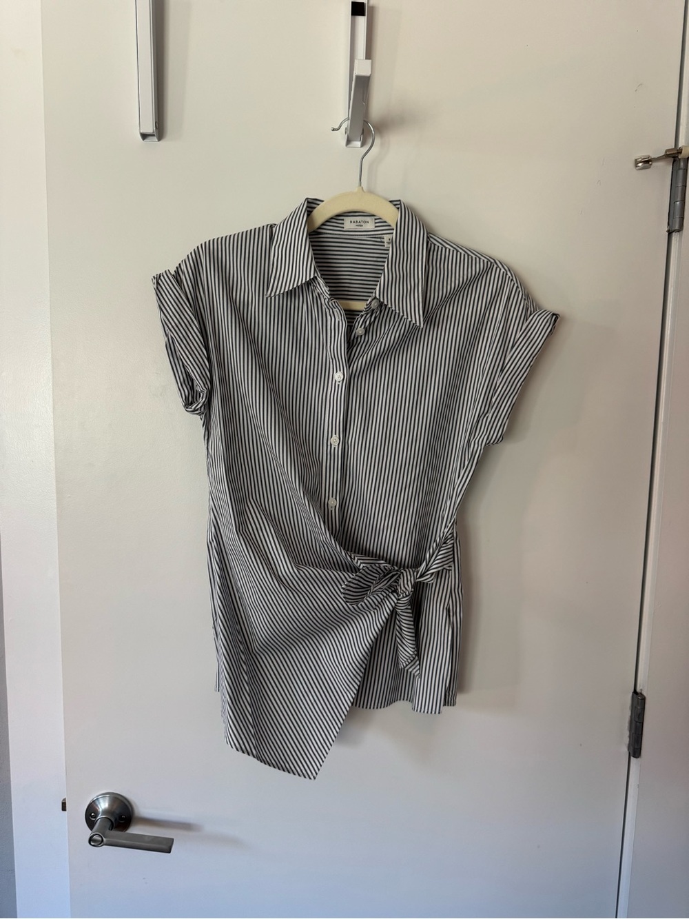 Aritzia Navy & White Striped Tie-Waist Shirt Top